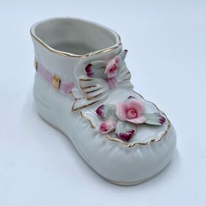 Vintage 50's Arnart Porcelain Baby Bootie Shoe Planter Pink Rose Gold Trim Japan